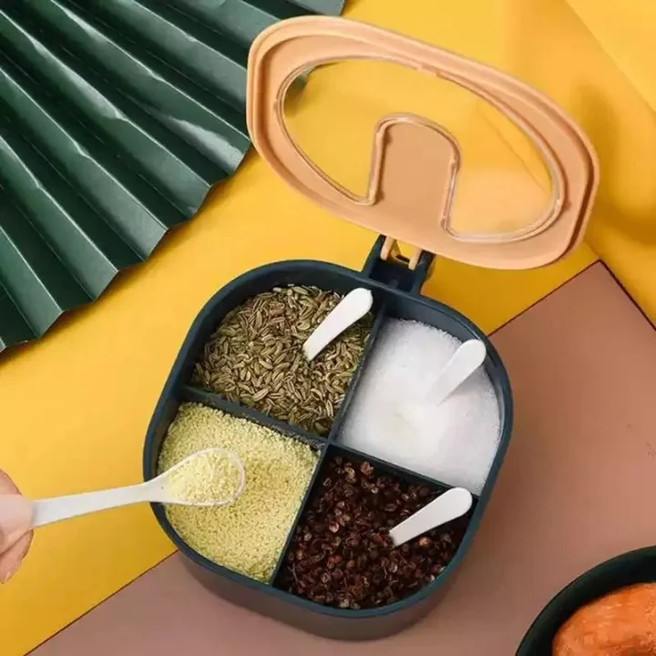 4-Section Spice Storage Box with Lids and Serving Spoons