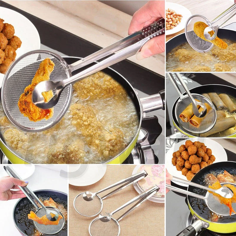 2-in-1 Stainless Steel Filter Spoon with Clip | Oil Filter Tongs
