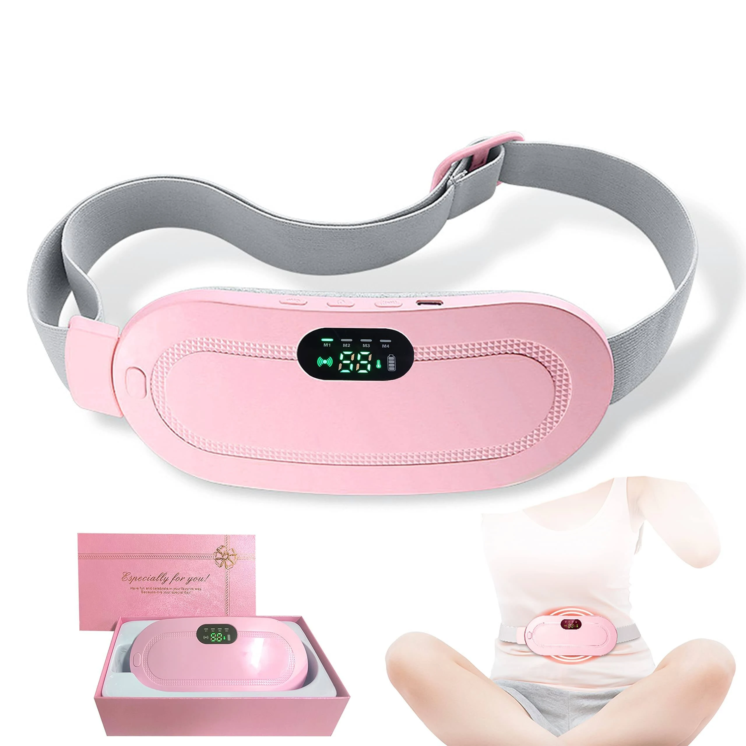 Women’s Period Cramp Heating Belt with Massage Pad – Pink