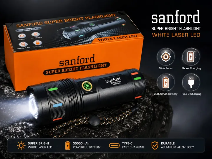 Sanford SDN07 Super Bright Flashlight with White LED and 30000mAh Battery image 3
