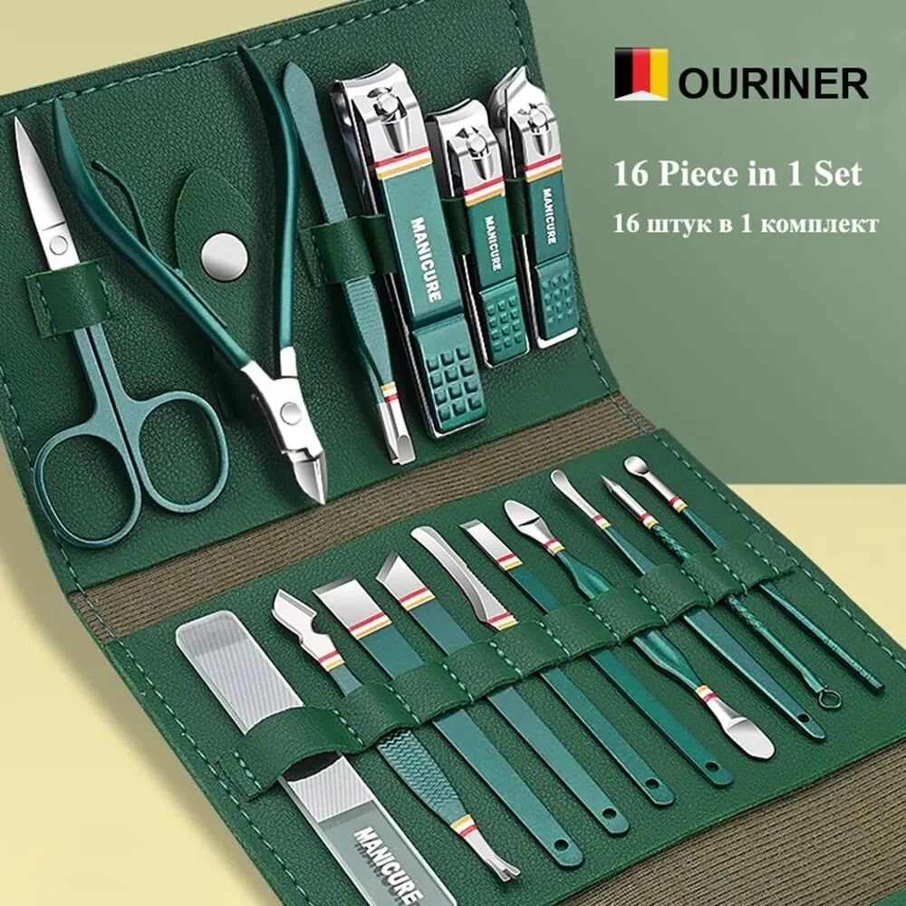 16pcs Stainless Steel Nail Cutter Set with Folding PU Bag