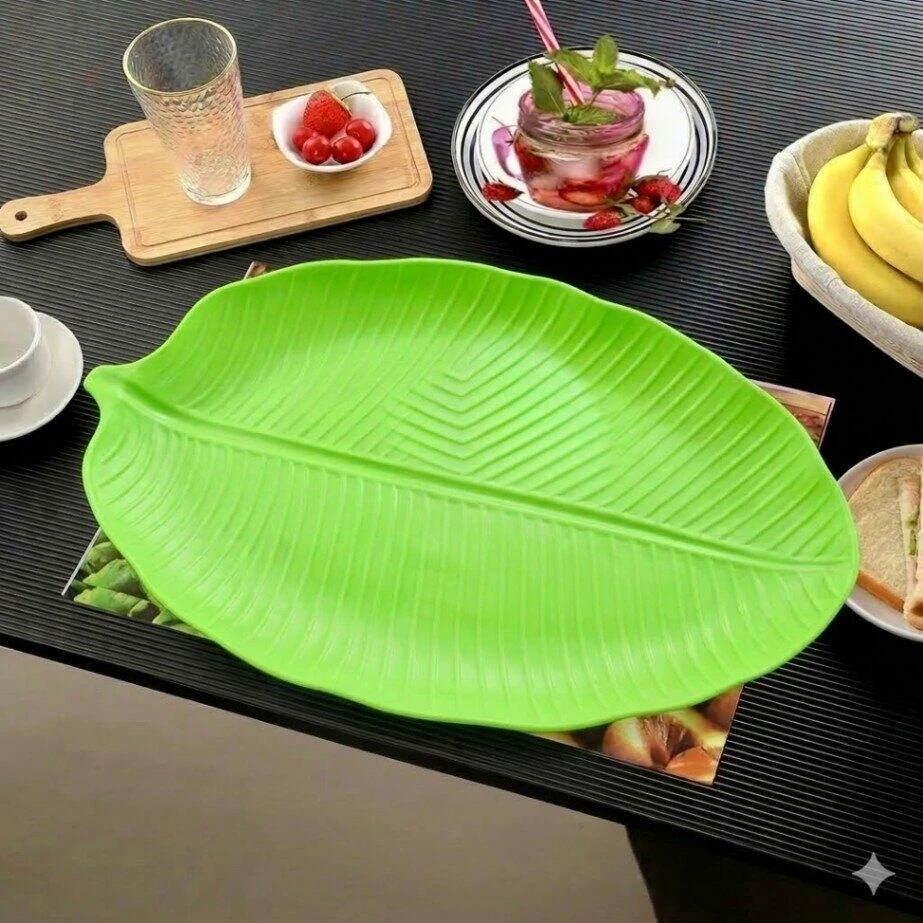 Banana Leaf Shaped Plastic Plate, Green Reusable Serving Plate