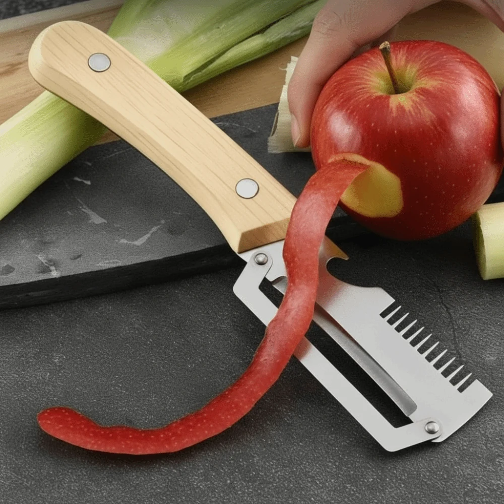 Durable Stainless Steel 3 in 1 Kitchen Peeler with Wooden Handle image 2