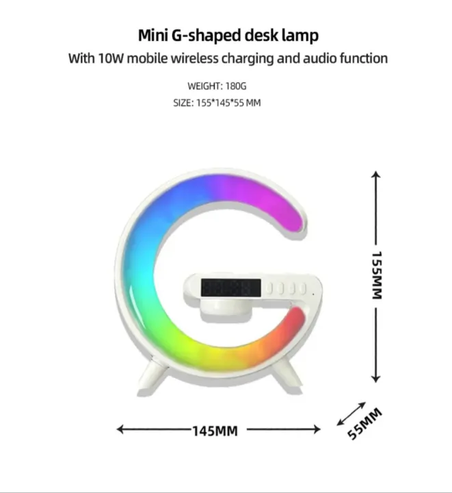 G Shape Google LED Wireless Charging RGB Bluetooth Speaker Clock and Rechargeable Table Lamp image 2